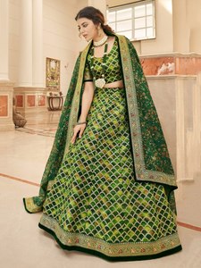Green <b>Art</b> Silk A-Line Empire Halter Maxi Lehenga Choli Embroidered <b>Sequin</b> Ethnic Dress Women Wedding Festival Outfit - Product Image 3