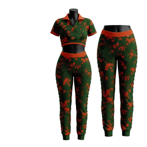 Ensemble haut court et pantalon en tissu extensible doux 240 GSM, coupe slim marine, panneau latéral en dentelle, logo personnalisé imprimé à chaud, pour femmes - Product Image 2