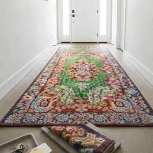 Tapis rectangulaire Oriental Medallion, vert et rouge, motif floral, noué à la main, en laine et polyester, poils moyens, avec envers antidérapant en caoutchouc - Product Image 4