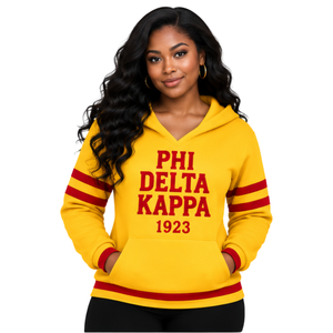 PDK <b>Women</b> Gold <b>Hoodie</b> <b>Red</b> Book Candle Graphic 1923 Varsity Striped Sleeve Hooded Pullover Sweatshirt Kangaroo Pocket Ribbed Hem - Product Image 1