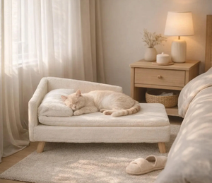 Lit pour chat et chien minimaliste moderne d'intérieur, en mousse à mémoire de forme, en peluche, avec pieds en bois, portable, pour salon et chambre, emballé en carton - Product Image 1