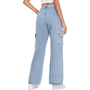 Pantalon cargo en jean bleu clair taille haute pour femme, coupe ample, longueur intégrale avec poches, décontracté, écologique, respirant, idéal pour l'été - Product Image 2