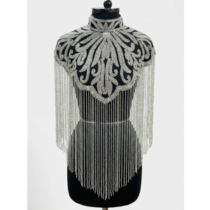 Silver Beaded Shoulder Cape with Long Fringe Tassels Women Evening Party <b>Wedding</b> Collar Overlay Fashion <b>Accessory</b> - Product Image 1