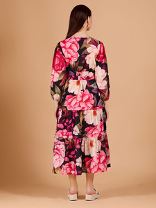 Midi Dress Hand Block Printed Cotton Sleeveless Ruched Decoration Fit Flare Dress V-neck <b>Three</b>-quarter Bell Sleeve Midi Dress - Product Image 4