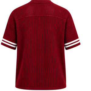 Crimson Red Knit V Neck Sports Jersey <b>Short</b> <b>Sleeve</b> <b>White</b> Stripe Detail Custom Oversized Casual Athletic Performance Team <b>Shirt</b> - Product Image 2