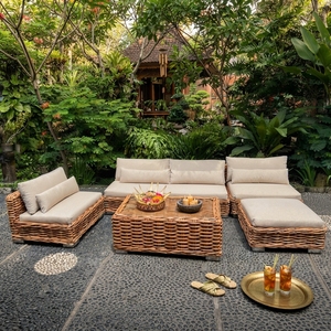 Outdoor <b>Rattan</b> Woven Sectional <b>Sofa</b> Set Mahogany Wood Frame Wicker Furniture Glass Table Lounge Chair Ottoman Setup Art - Product Image 3