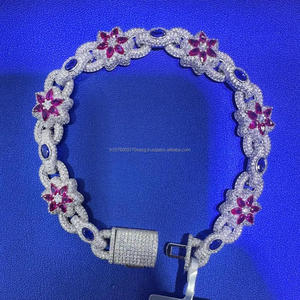Luxury Floral Moissanite Bracelet with Ruby Red Marquise Cut Stones and Blue Oval Accents Fully <b>Iced</b> <b>Out</b> Diamond Look Jewelry - Product Image 1