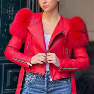 Chaqueta de cuero genuino de oveja para mujer, estilo motero urbano, con cremalleras, corte corto y ribete de piel de zorro - Product Image 5