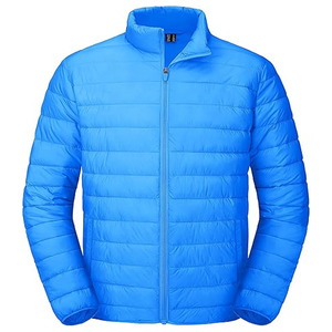 <b>Men's</b> Blue Lightweight Puffer <b>Jacket</b> Solid Color Windproof Zipper Closure Casual Winter Wear Stand Collar Regular Fit - Product Image 1