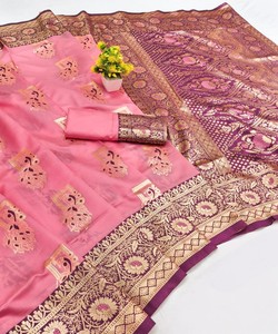 Sari en soie Banarasi RICH LOOK avec broderie Zari, chemisier non cousu, tenue moderne pour fêtes et événements, prix de gros, vêtement ethnique rose - Product Image 1