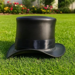 Premium quality custom Handmade Black Leather <b>Top</b> Hat with blue Lining Steampunk Gothic Cosplay - Product Image 3