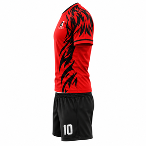 Ensemble de football pour hommes adultes pour clubs, maillot et short de football rouge et noir, col rond, coupe athlétique, uniforme respirant - Product Image 2