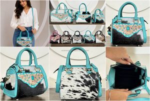Handmade Tooled Cowhide Leather <b>Mini</b> Duffle Bag for Women Crossbody Small Speedy bag with Turquoise Stone Travel Overnight Bags - Product Image 3