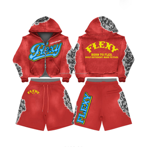Custom Puff Print Logo Two Piece <b>Set</b> For Men Women Clothing Cut <b>Sew</b> Joggers Sweatsuit Streetwear Cropped Hoodie and Shorts <b>Set</b> - Product Image 3