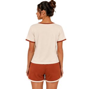 White And Rust Women Two Piece Shorts Set Round Neck Button <b>Top</b> Rose Embroidery Casual Summer Cotton Lounge Wear Outfit OEM - Product Image 2