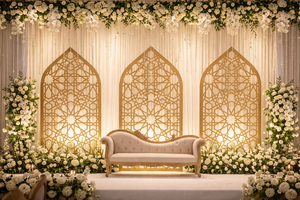 Muslim Wedding Decor Mehraab <b>Backdrop</b> Panels Luxury Gold <b>Frame</b> Wedding Stage Decor Buy Designer Reception Stage Ideas for Usa - Product Image 4