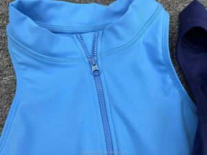 Women Seamless Full Length <b>Bodysuit</b> Half-Zip Halter Sleeveless Solid Color Blue Gym Wear Four-Way Stretch - Product Image 5