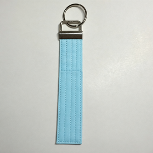 Light Blue Leather Keychain Strap with Metal <b>Ring</b> and Stitching Detail - Product Image 1