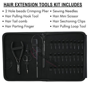 Kit d'outils pour extensions capillaires : Pince à sertir les perles à 2 trous, Crochet de tirage, Peigne à queue, Aiguilles à séparer les mèches, Mini ciseaux - Product Image 2