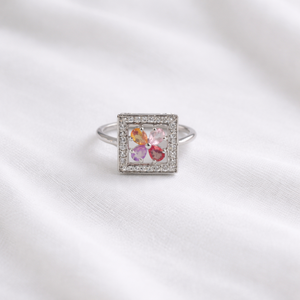 Multicolor Gemstone Floral Cluster <b>Cocktail</b> <b>Ring</b> Women Square Halo Design Cubic Zirconia Accent Party Daily - Product Image 1