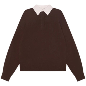 เสื้อโปโลถักคุณภาพสูง OEM สำหรับผู้ชาย สีน้ำตาล คอเสื้อตัดสี แขนยาว สวมใส่สบาย ผ้าฝ้ายนุ่ม ขายดี - Product Image 1