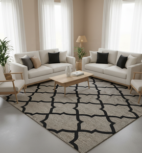 Alfombra de poliéster con patrón de quatrefoil marroquí | Alfombra de área antideslizante hecha a máquina de tejido plano geométrico Negro | Kilim de fibra natural - Product Image 3