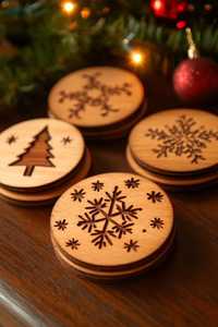 Juego de Posavasos Redondos de Madera con Grabado Láser de Copo de Nieve y Árbol de Navidad, de Arce, para Bebidas, Tazas de Café, Protector de Superficie de Mesa - Product Image 1