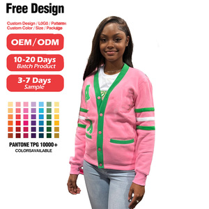 Suéter tipo cárdigan rosa y verde con letras de chenilla y mangas a rayas, regalo para hermana de hermandad, colores distintivos. - Product Image 5