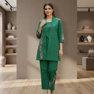 Women's <b>Green</b> Embroidered Cotton 3-Piece Set Three Quarter Sleeve Floral Pattern Jacket <b>Cami</b> Trouser Set All Seasons Wear - Product Image 1