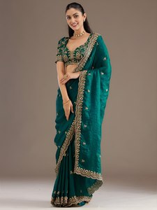 ส่าหรีปักลายสีเขียว ชุดพื้นเมืองสำหรับผู้หญิง ชุดแต่งงาน ชุดงานเลี้ยง - Product Image 1