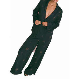 Ensemble Blazer Imprimé Noir Anthracite pour Femme, Manches Longues, en Coton Tricoté, Tenue de Détente Deux Pièces, Vêtements de Nuit, Tenue de Sororité, Vente en Gros, OEM ODM - Product Image 6