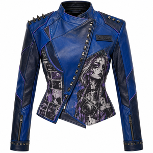 Royal Blue <b>Women</b> Genuine Leather Biker Jacket Custom Asymmetric <b>Wrap</b> Studded Photographer Graphic <b>Coat</b> OEM Factory Service - Product Image 1