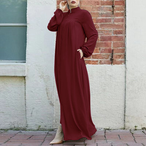 Women's <b>Loose</b> Fit Modest Abaya <b>Dress</b> with Round Neck Full Zip Closure Floor Length Polyester Three Solid Colors - Product Image 2