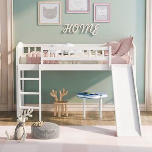 White Twin Size Loft <b>Bed</b> <b>with</b> <b>Slide</b> and Ladder for Kids - Product Image 1