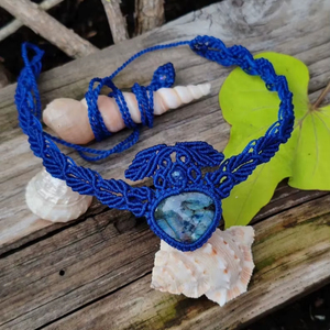 Turquoise Heart Macrame <b>Necklace</b> Blue Stone Pendant Blue Cord Gold Beads Boho Handmade <b>Statement</b> Jewelry - Product Image 2