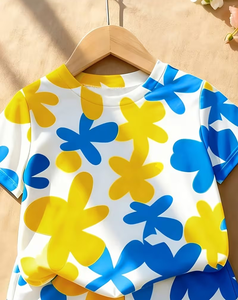 Girls Casual Breathable Medium Stretch High Quality Polyester/Cotton Clothing Set Short Sleeve Crew Neck Top Floral Shorts - Product Image 4