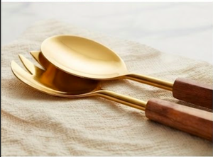 Wooden Handle Sleek Matte Gold Finished Stainless Steel Salad <b>Server</b> Perfect For Restaurants Hotel And Resort - Product Image 4