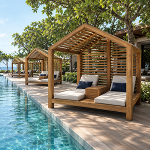 Lit de repos double en teck massif pour piscine, chaise longue d'extérieur avec auvent, mobilier de jardin pour hôtel et resort - Product Image 4
