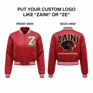 Women Crop <b>Top</b> Bomber Jacket Premium PU <b>Leather</b> 280 GSM Red <b>White</b> Rib Knit Trim Custom Embroidered Logo Streetwear Fashion Trend - Product Image 1