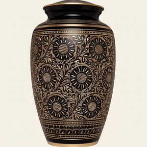 Hand-Engraved Metal Funeral <b>Urn</b> Black Gold Sunflower Design <b>Large</b> Brass Memorial <b>Urns</b> For Ashes Wholesale Cemetery Burial Supply - Product Image 1