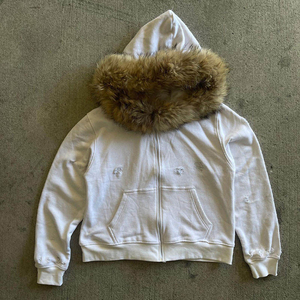 High Quality <b>Fur</b> Hooded Zip Up Hoodie Custom Distressed <b>Fur</b> <b>Trim</b> Heavy Cotton Fleece Oversized Streetwear Men Hoodie - Product Image 3