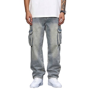 Pantalon cargo en jean délavé pour homme, coupe ample, taille mi-haute, style streetwear décontracté, en coton, pour le travail, idéal pour le printemps - Product Image 1