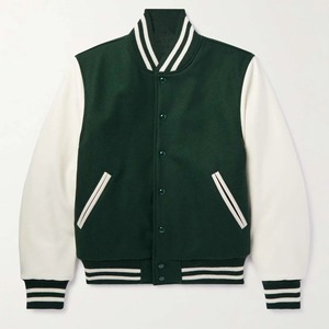 Men's Green Varsity Jacket White Sleeve Preppy Style Regular Fit Button Closure Turn-down Collar Autumn <b>Wool</b> Polyester Front - Product Image 3