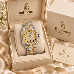 นาฬิกาข้อมือผู้ชาย Raj Gems รุ่นหรูหรา ประดับเพชร ตัวเรือนทรงเหลี่ยม สีทอง สายสแตนเลส กระจกแซฟไฟร์ กันน้ำได้ 10 บาร์ - Product Image 1