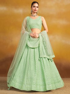 Pista Green Embroidered Georgette Lehenga Choli with Dupatta Wedding <b>Dress</b> Festive Indian Outfit - Product Image 1
