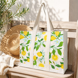 Custom Printed Cotton Canvas <b>Beach</b> Tote <b>Bag</b> 240 GSM Lemon Pattern <b>Large</b> Capacity Wholesale OEM Private Label Manufacturer - Product Image 5