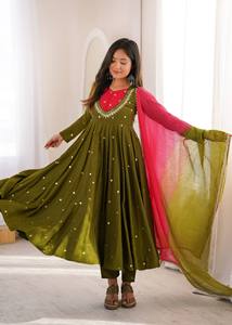 Costume Anarkali traditionnel vert olive pour femmes avec dupatta brodé, coupe ample, longueur au sol, tenue décontractée, style Inde Pakistan - Product Image 2