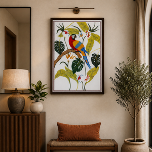 Panneau mural décoratif de luxe en marbre poli avec incrustation de motif Ara tropical |   Pietra Dura faite à la main, écologique, en pierres semi-précieuses - Product Image 1