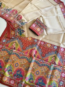 Sari indio tradicional de seda con estampado digital y blusa con ribetes de Dori para ocasiones de boda - Product Image 2