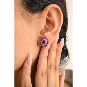 14K Solid White Gold Art Deco Ruby Diamond Flower Cluster Stud <b>Earrings</b> - Product Image 4